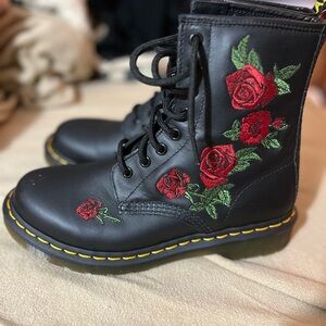 Black Dr. Martens Boots with Red Rose Embroidery new without box